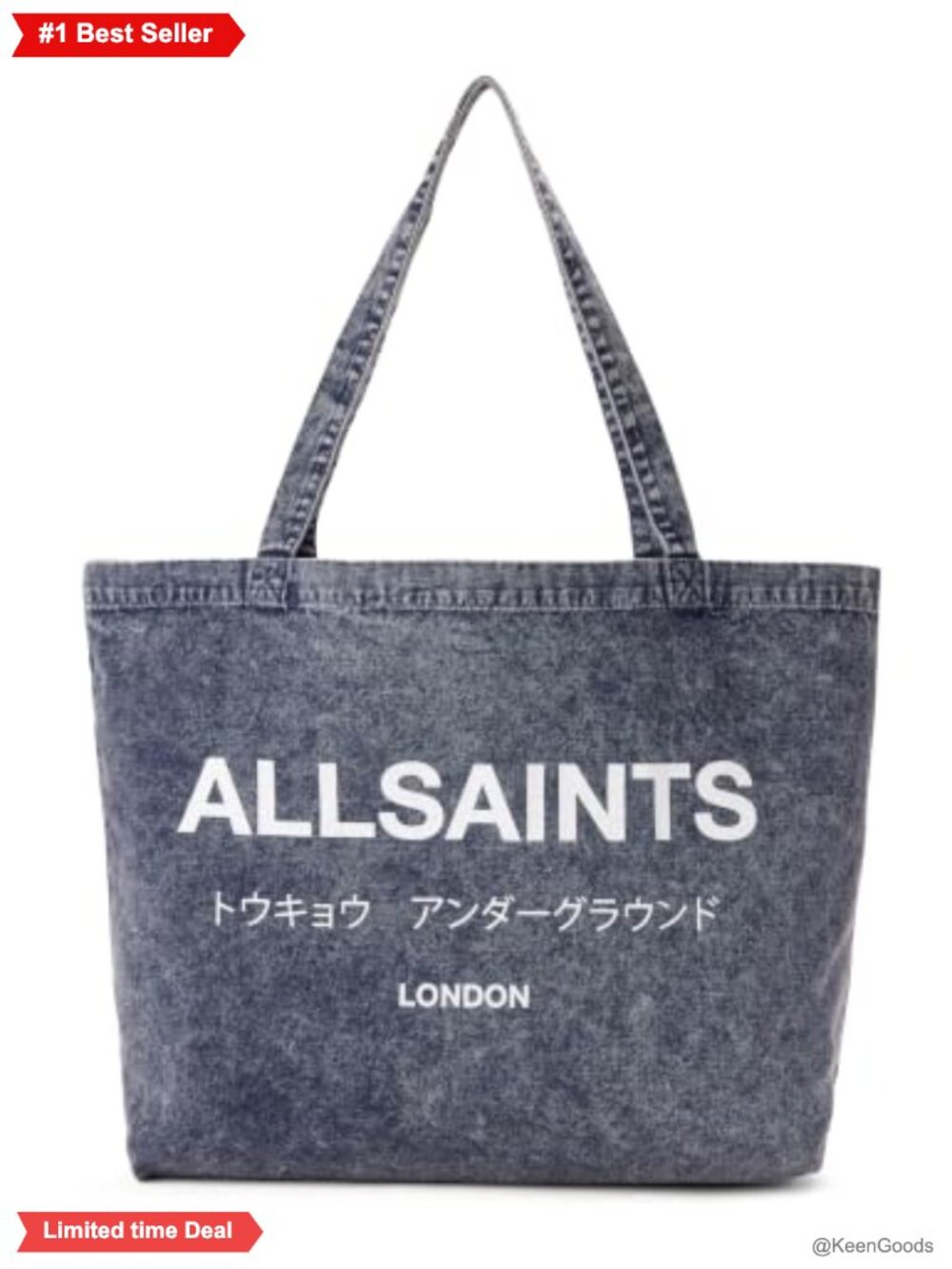 AllSaints Underground Acid Wash Denim Tote Bag, Deep Sea Navy, London Edition